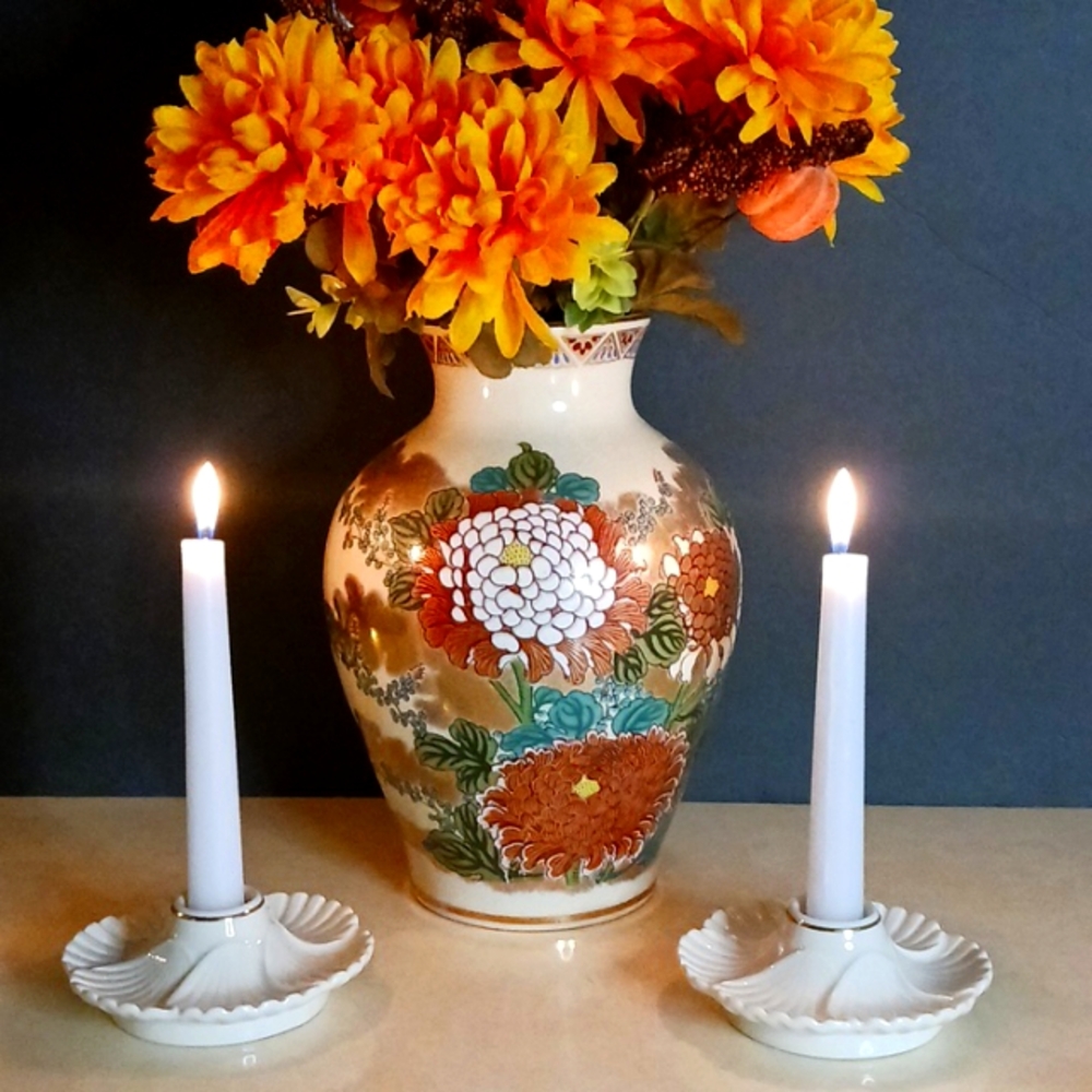 Porcelain Candleholders from Lenox Aegean Collection - Scallop Design, Gold Trim